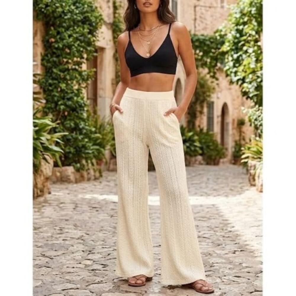 FLX Womens High Rise flared wide leg knit Pants beige Elastic Waist Pockets Sz L